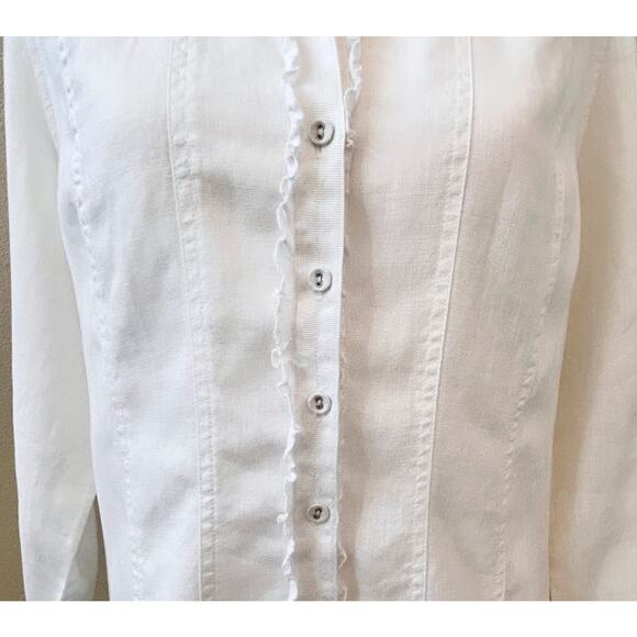 100% LINEN Boho Cottage Button Up Ruffled ecologie Side Slit Size Large - Picture 3 of 9